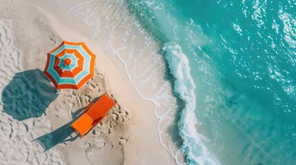 Fototapeta premium Serenity Unveiled: An Orange Beach Chair and Umbrella Basking in Coastal Bliss