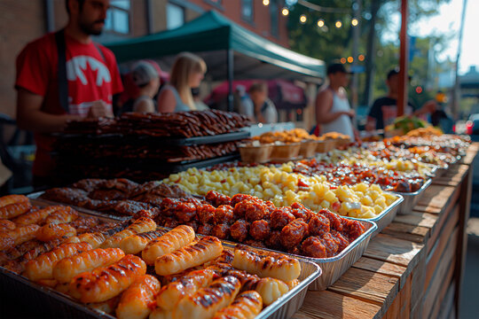 People indulging in Canadian delicacies like poutine, maple syrup treats, and beavertails at food stalls during Canada Day festivities