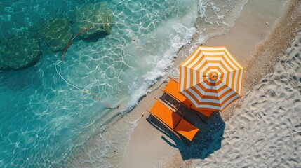 Fototapeta premium Serenity Unveiled: An Orange Beach Chair and Umbrella Basking in Coastal Bliss