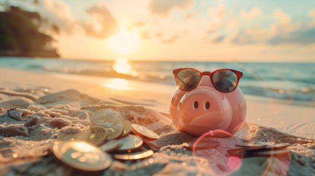 A pig wearing sunglasses sits on a beach with a pile of coins next to it