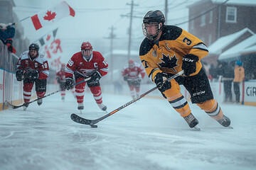 Hockey game played outdoors on a makeshift rink, capturing the spirit of Canada's national sport