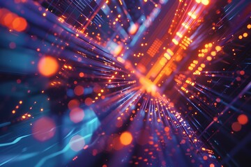 Fototapeta premium Abstract background with digital and geometric shapes, blue neon light effects, closeup of dark patterned surfaces, hightech atmosphere, tech illustration, 3D rendering