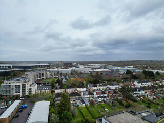 Aerial View of Central Borehamwood London City of England During Cloudy and Rainy Day, England UK. April 4th, 2024