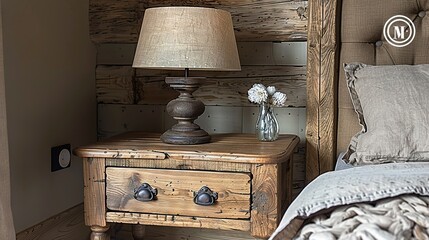   A bed with a wooden headboard and a nightstand with a lamp Wooden headboard, wooden nightstand with lamp