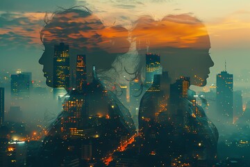Double exposure of business people in suit with a cityscape background