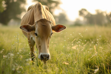 cow grazing in the green field
