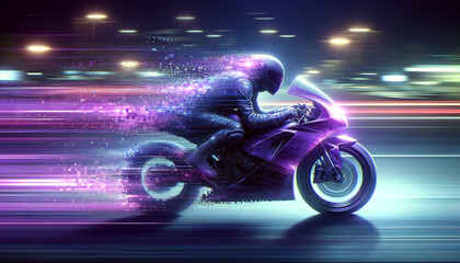 holographic motorcyclist rushes through the city, crumbling into pixels from behind, speed concept