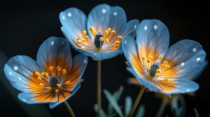   Three blue flowers with yellow stamens against a black background and water droplets on their petals