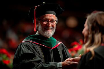 University president or dean congratulating graduates as they walk across the stage, education and graduation concept