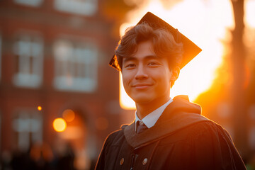 Young asian man in black gown and graduation cap in front of university at sunset light 