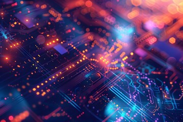 Obraz premium Abstract background with digital elements and geometric shapes in blue, purple, orange colors Big data technology concept with futuristic computer or server with glowing light effects Digital illustra