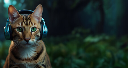  portrait  of Bengal cat in headphones in the forest, banner