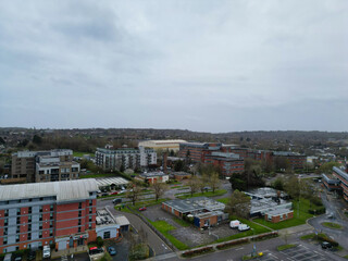Fototapeta premium Aerial View of Central Borehamwood London City of England During Cloudy and Rainy Day, England UK. April 4th, 2024
