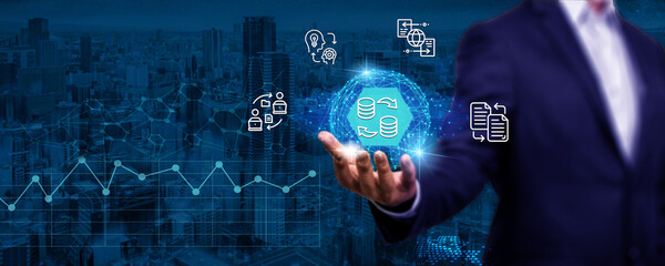 Businessmen utilize global network synchronization, data exchange, information transfer, data science analytics, and internet technology for efficient data management.