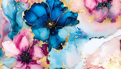 Elegant blue and pink flowers alcohol ink background with gold glitter elements, banner