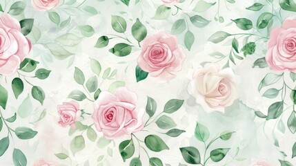 A whimsical watercolor design featuring light pink and mint green roses with trailing vines and leaves..