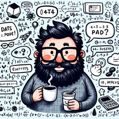 bearded man surrounded by formulas