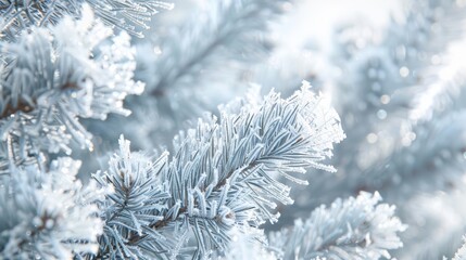 A close-up image of frosted pine needles, each needle delicately coated in a sparkling layer of frost