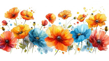   A painting featuring a bouquet of flowers artfully rendered in watercolor on a white canvas with vivid hues of blue, red, orange, and yellow