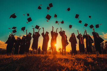 Group of graduates tossing their caps in the air against a backdrop of blue sky, education, graduation concept 