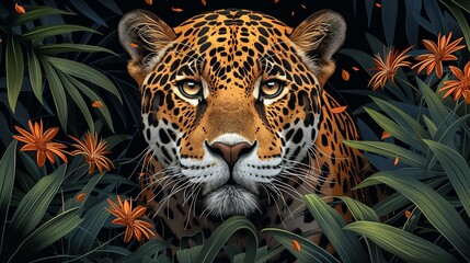 Illustration of a jaguar in the jungle, surrounded by plants and flowers