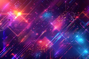Fototapeta premium Abstract background with geometric shapes and neon lights, creating an atmosphere of futuristic technology and innovation Digital illustration with detailed textures and glowing effects for design use