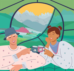 Adventure camping scene. Cute couple drinking coffee in tent. Friends camping mug. Mountain landscape. Summer travel and active rest. Flat graphic vector illustration.