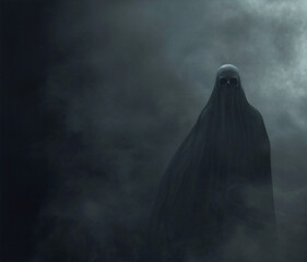 A ghostly creepy scary haunting figure with an ominous ethereal presence, shrouded in mist and surrounded by darkness. space for text - Powered by Adobe