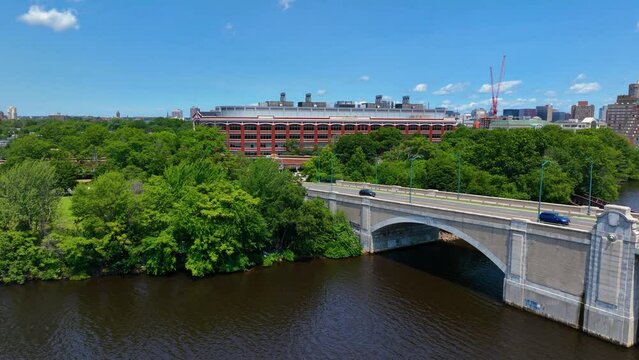 Boston University Bridge across Charles River aerial view with Cambridge on the left and Boston Back Bay on the right, Boston, Massachusetts MA, USA. 