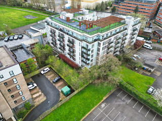 Aerial View of Central Borehamwood London City of England During Cloudy and Rainy Day, England UK....