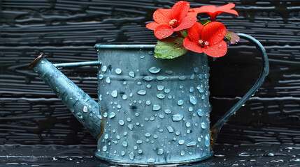 blue metalic watering can with fresh flowers on wet surface