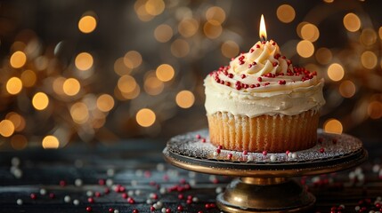  Cupcake with white frosting, red sprinkles & lit candle