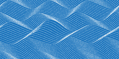 White wavy half tone lines on blue sea background. Seamless pattern with raster dot texture. Computer game with flat 8-bit background. Vector illustration in retro style.