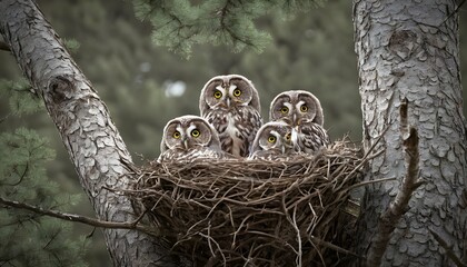 An Owl Family In A Cozy Nest High Up In The Trees  2