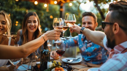 Happy friends having fun outdoor. Group of friends having backyard dinner party together. Young people sitting at bar table toasting wine glasses in vineyards garden