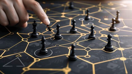 A hand moving black pawns on an abstract chessboard with network connections and nodes,