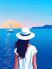 Illustration of a girl or a young woman looking at the sea from behind in the summer - obrazy, fototapety, plakaty