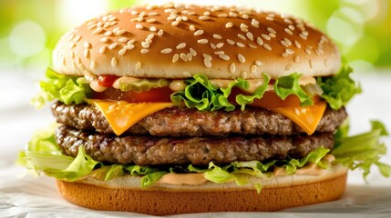 The hamburger is centered in frame with its bun adorned with lettuce and tomato slices