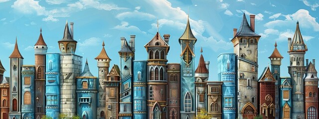 row of books shaped old buildings with towers and fantasy book cover design on blue sky background