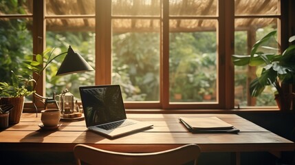 Fototapeta premium Laptop rests on a wooden table by a window overlooking a lush garden, creating a cozy and comfortable home office atmosphere.
