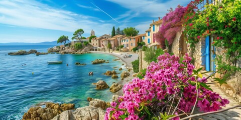 Seafront landscape with azalea flowers. French riviera, view of stunning picturesque coastal town