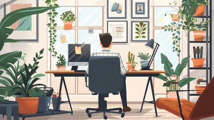 Cozy home office illustration with a man amidst potted plants, fostering a relaxed ambiance amidst familiar surroundings, ideal for comfortable and focused remote work.