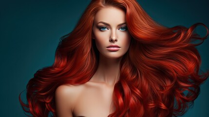 Obraz premium Beautiful female face with powerful silky hair and chic hairstyle done in a beauty salon. Perfect image of a beautiful red-haired woman with developing hair. Illustration for beauty magazine.