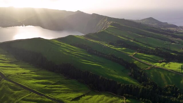 Aerial shot picturesque paradise of Sete Cidades. Volcanic craters and stunning lakes Sao Miguel Island, Azores, Portugal