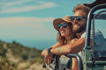Young couple on a off road adventure excursion outside - Joyful tourists enjoying weekend activity on summer vacation - Tourism tour activities, transportation and summertime holidays concept