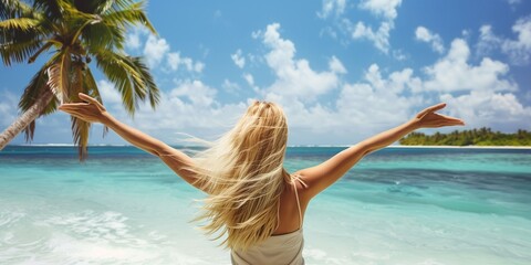 Naklejka premium Young happy blond woman at beautiful tropical paradise view of ocean enjoying summer holidays