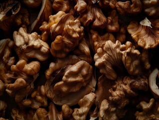 Textured close-up shot of shelled walnuts with rich detailing showcasing natural patterns.