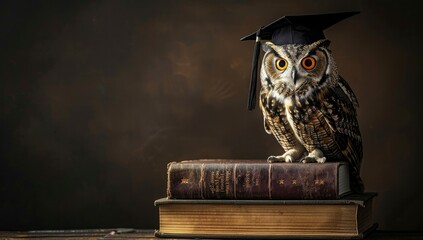 Owl with graduation cap sitting on old book, dark brown background