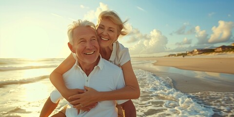 happy mature senior couple on the beach piggyback