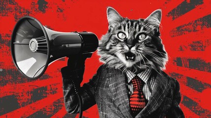 black and white picture of angry cat wearing business suit holding megaphone on pop art background
